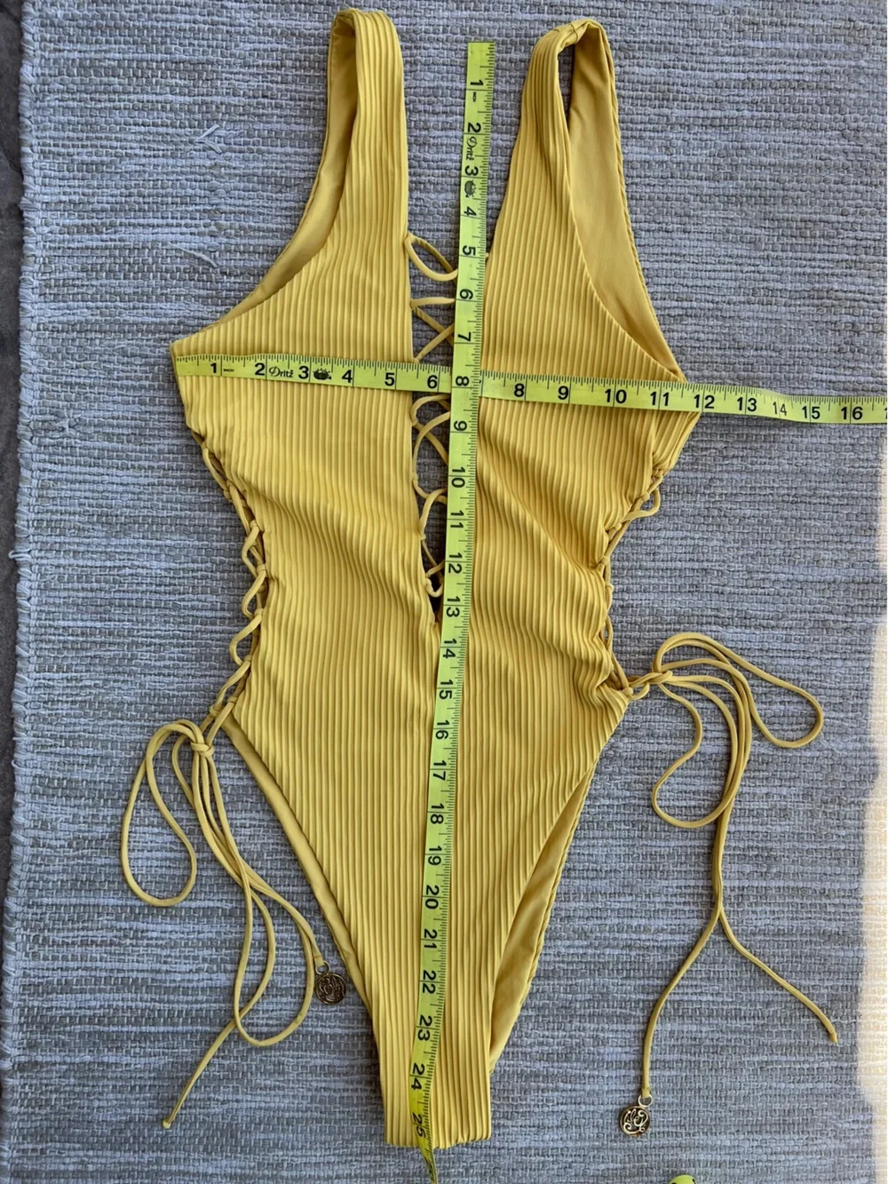 Luli Fama Pura Curiosidad Open Side One Piece Ribbed Swimsuit Yellow Lace Up  M